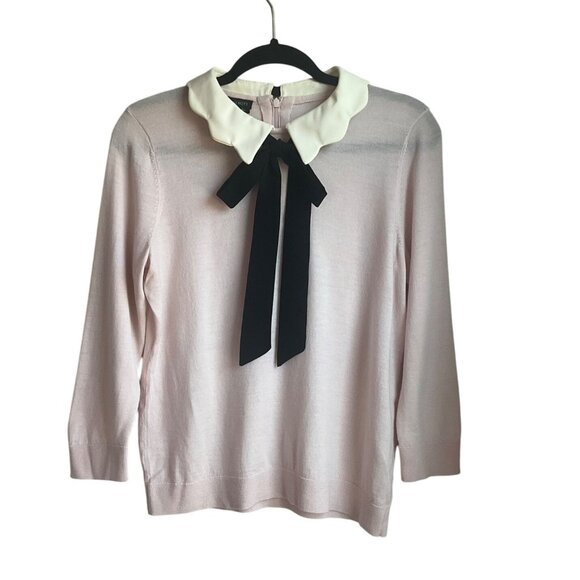 Talbots Sweaters - Talbots Pink Sweater Scalloped Peter Pan Collar Bow Merino Wool Old Money Preppy